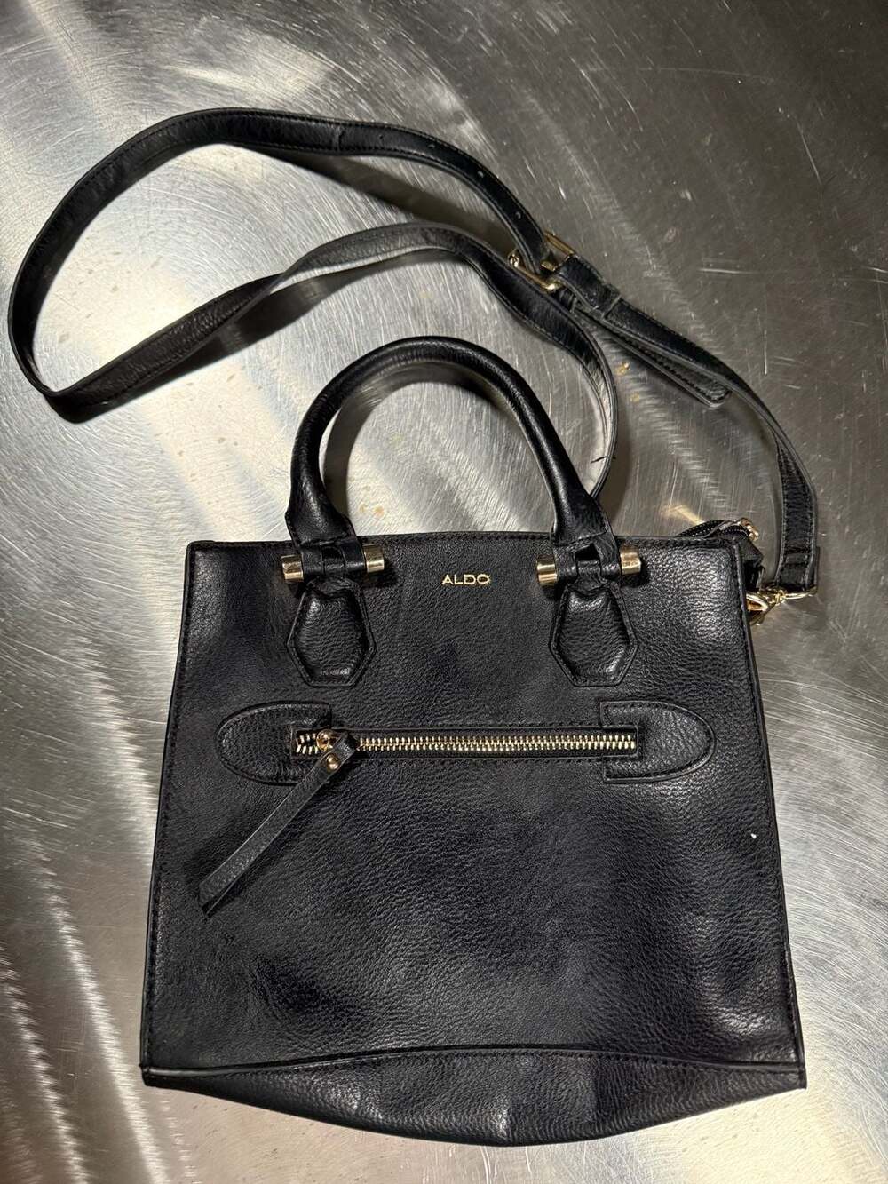Aldo Black Pebbled Faux Leather Satchel Crossbody Bag with Front Zipper and Gold